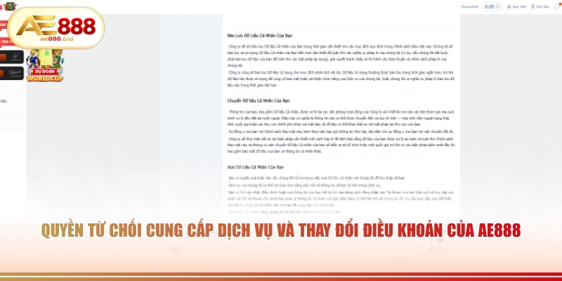 Quyền từ chối cung cấp dịch vụ và thay đổi điều khoản của AE888