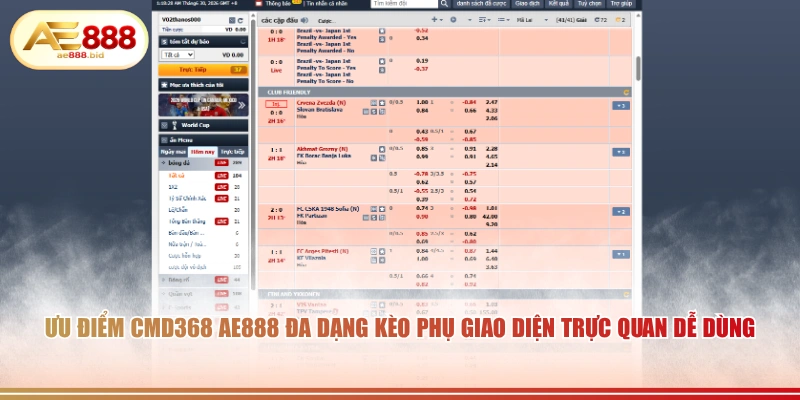 Ưu điểm CMD368 AE888 đa dạng kèo phụ giao diện trực quan dễ dùng.